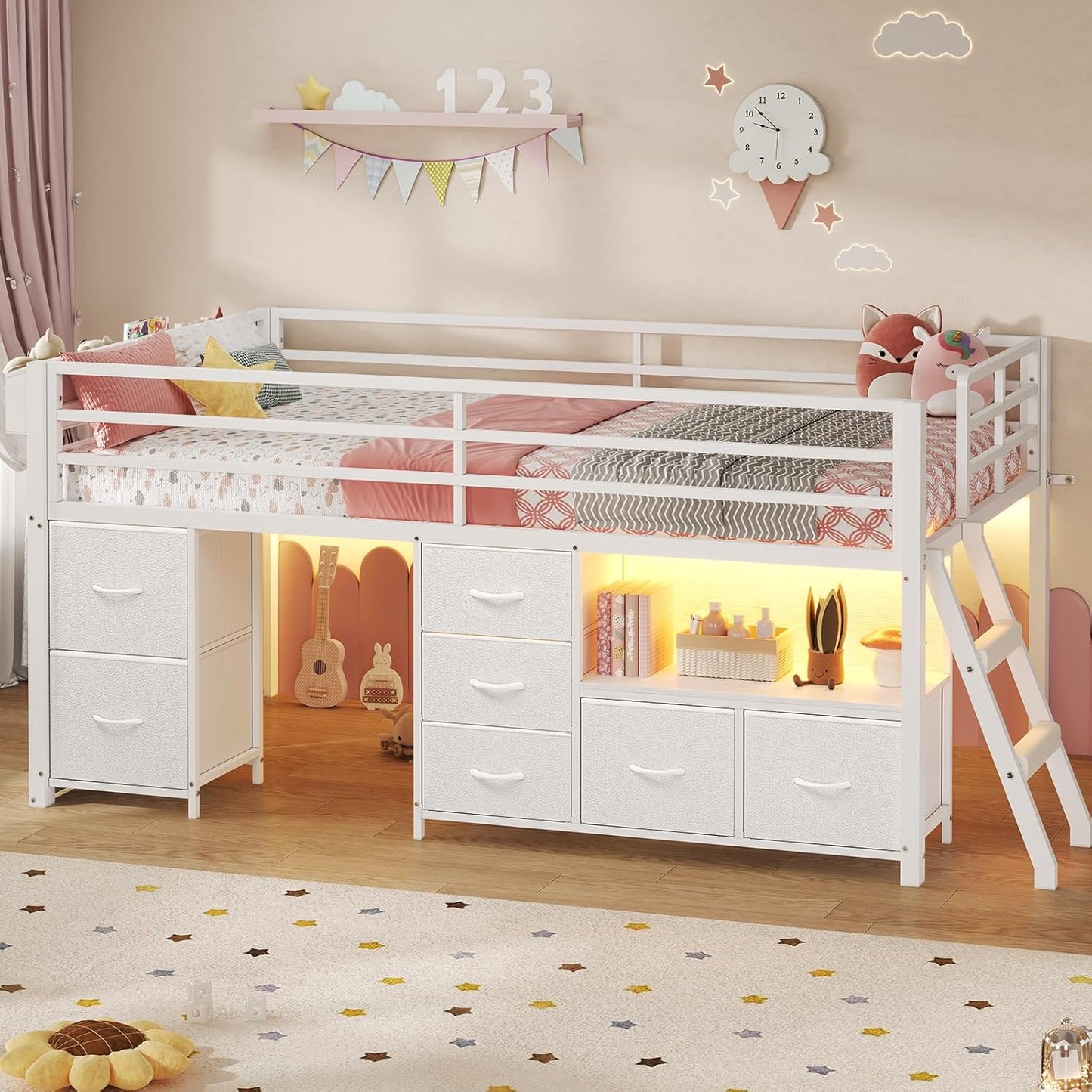 Low Loft Bed Twin Size with 7 Storage Drawers, Bookcase and LED Lights, Metal Kids Loft Bed with 14" H Safety Guardrail