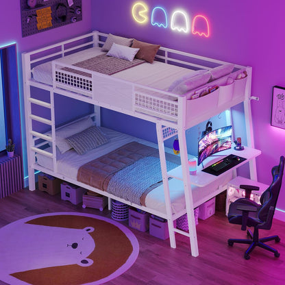 Bunk Bed for Small Space, Twin Over Twin Bunk Beds with Desk, Power Outlets, RGB LED Lights, Storage, Metal Beds with Safety Guardrail & Ladders