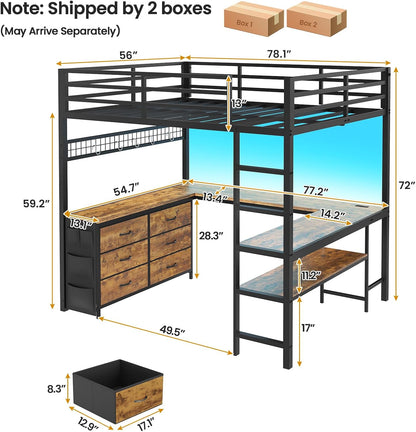 Loft Bed Full Size with U-Shaped Desk, 6 Storage Drawers, Power Outlet, LED Metal Loft Bed with 2 Storage Shelves