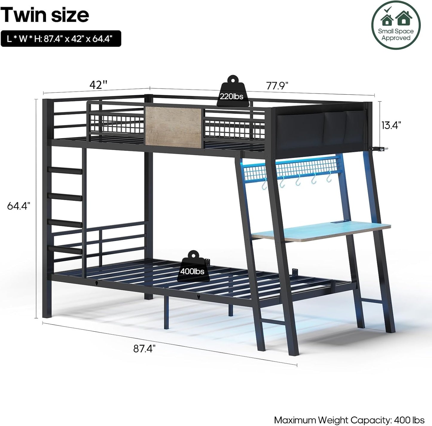 Bunk Bed for Small Space, Twin Over Twin Bunk Beds with Desk, Power Outlets, RGB LED Lights, Storage, Metal Beds with Safety Guardrail & Ladders