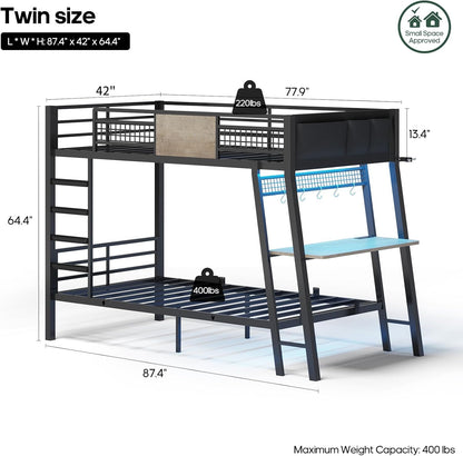 Bunk Bed for Small Space, Twin Over Twin Bunk Beds with Desk, Power Outlets, RGB LED Lights, Storage, Metal Beds with Safety Guardrail & Ladders