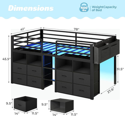 Low Loft Bed Twin Size with 8 Storage Drawers, Twin Loft Bed with Bookcase and LED Lights