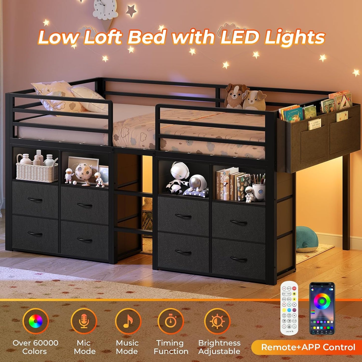 Low Loft Bed Twin Size with 8 Storage Drawers, Twin Loft Bed with Bookcase and LED Lights