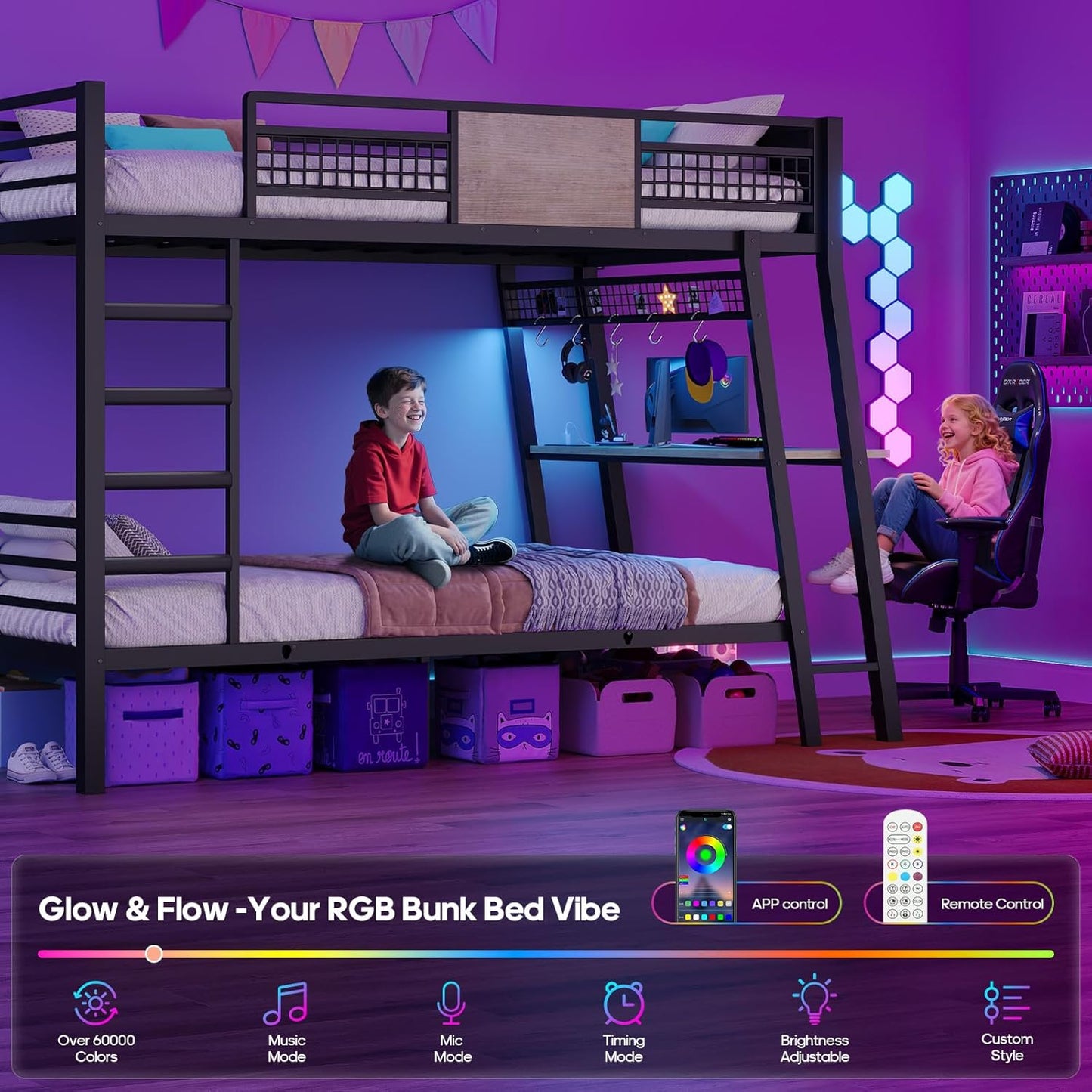 Bunk Bed for Small Space, Twin Over Twin Bunk Beds with Desk, Power Outlets, RGB LED Lights, Storage, Metal Beds with Safety Guardrail & Ladders