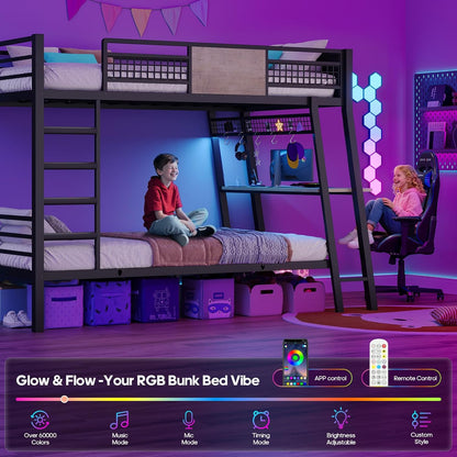 Bunk Bed for Small Space, Twin Over Twin Bunk Beds with Desk, Power Outlets, RGB LED Lights, Storage, Metal Beds with Safety Guardrail & Ladders
