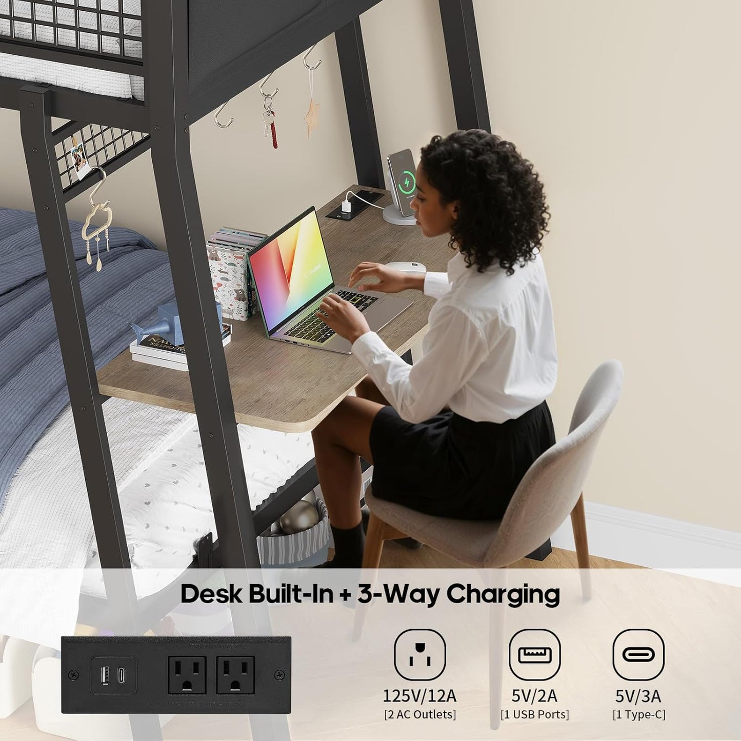 Bunk Bed for Small Space, Twin Over Twin Bunk Beds with Desk, Power Outlets, RGB LED Lights, Storage, Metal Beds with Safety Guardrail & Ladders