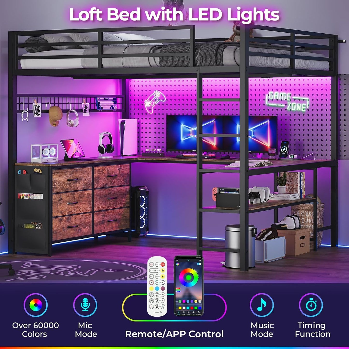 Loft Bed Full Size with U-Shaped Desk, 6 Storage Drawers, Power Outlet, LED Metal Loft Bed with 2 Storage Shelves