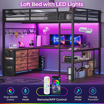 Loft Bed Full Size with U-Shaped Desk, 6 Storage Drawers, Power Outlet, LED Metal Loft Bed with 2 Storage Shelves