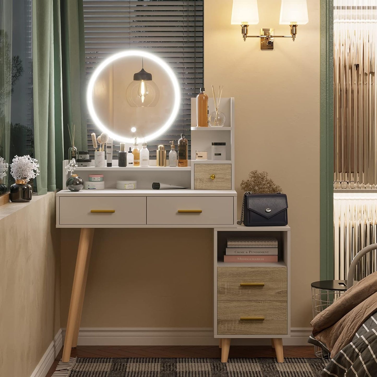 Vanity Mirror with Lights, Makeup Vanity with Touch Screen and Storage Drawers