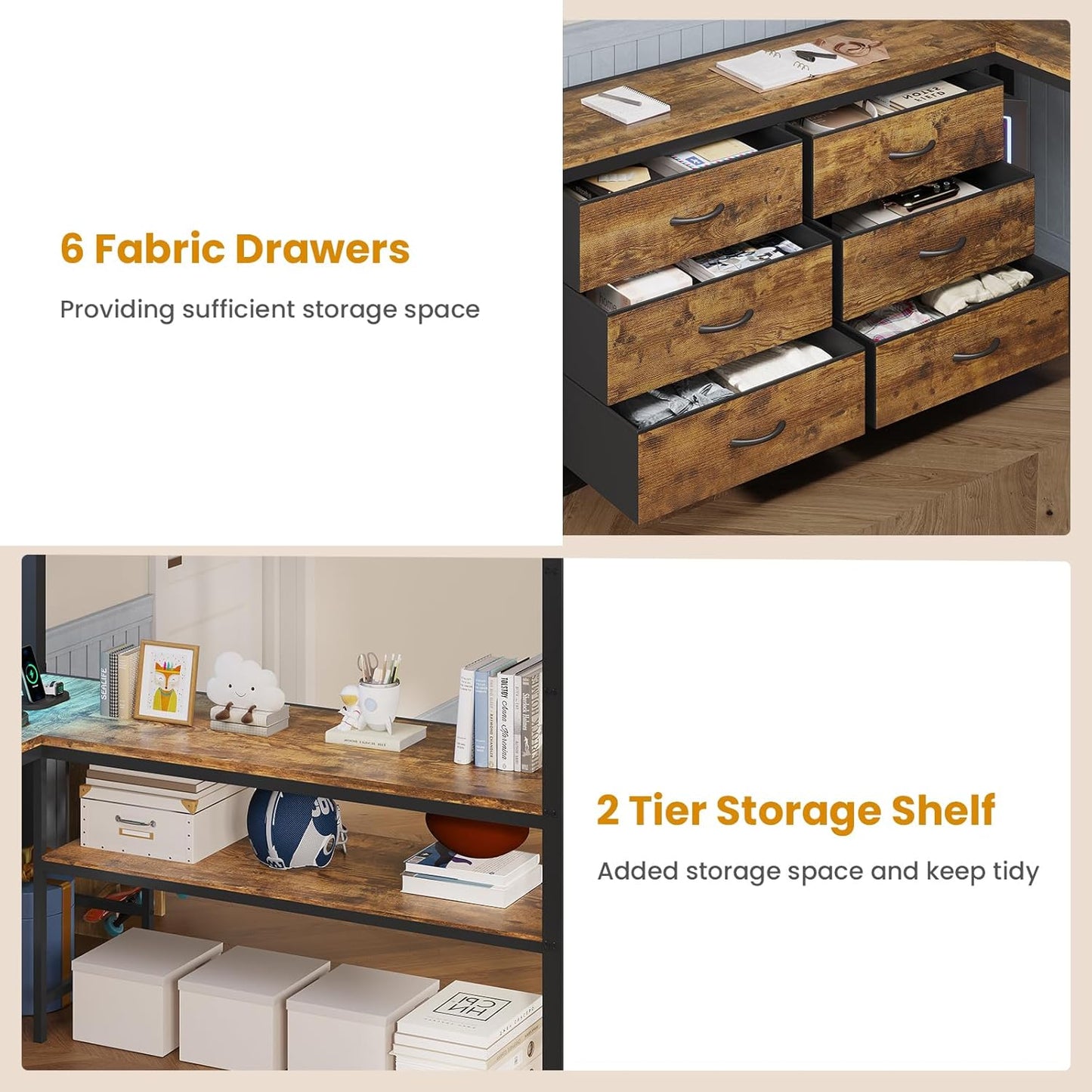 Loft Bed Full Size with U-Shaped Desk, 6 Storage Drawers, Power Outlet, LED Metal Loft Bed with 2 Storage Shelves