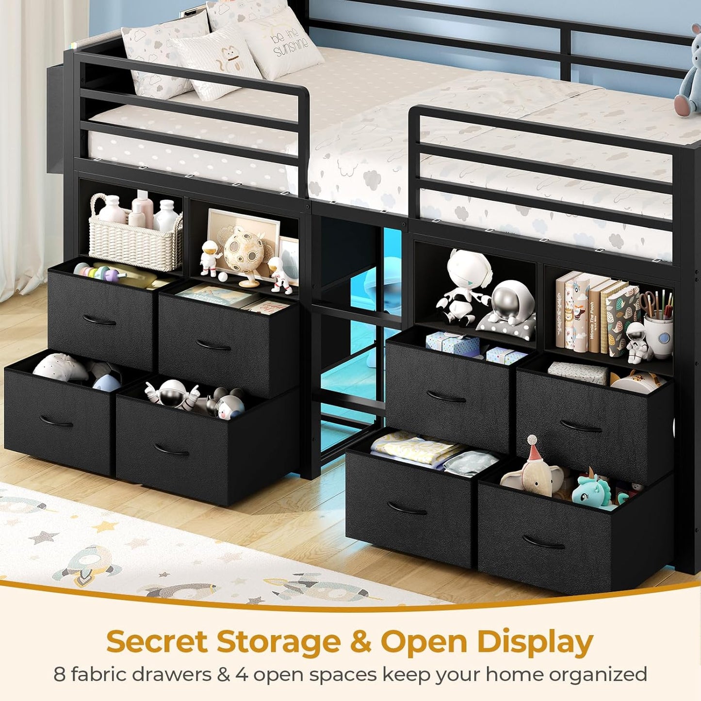 Low Loft Bed Twin Size with 8 Storage Drawers, Twin Loft Bed with Bookcase and LED Lights