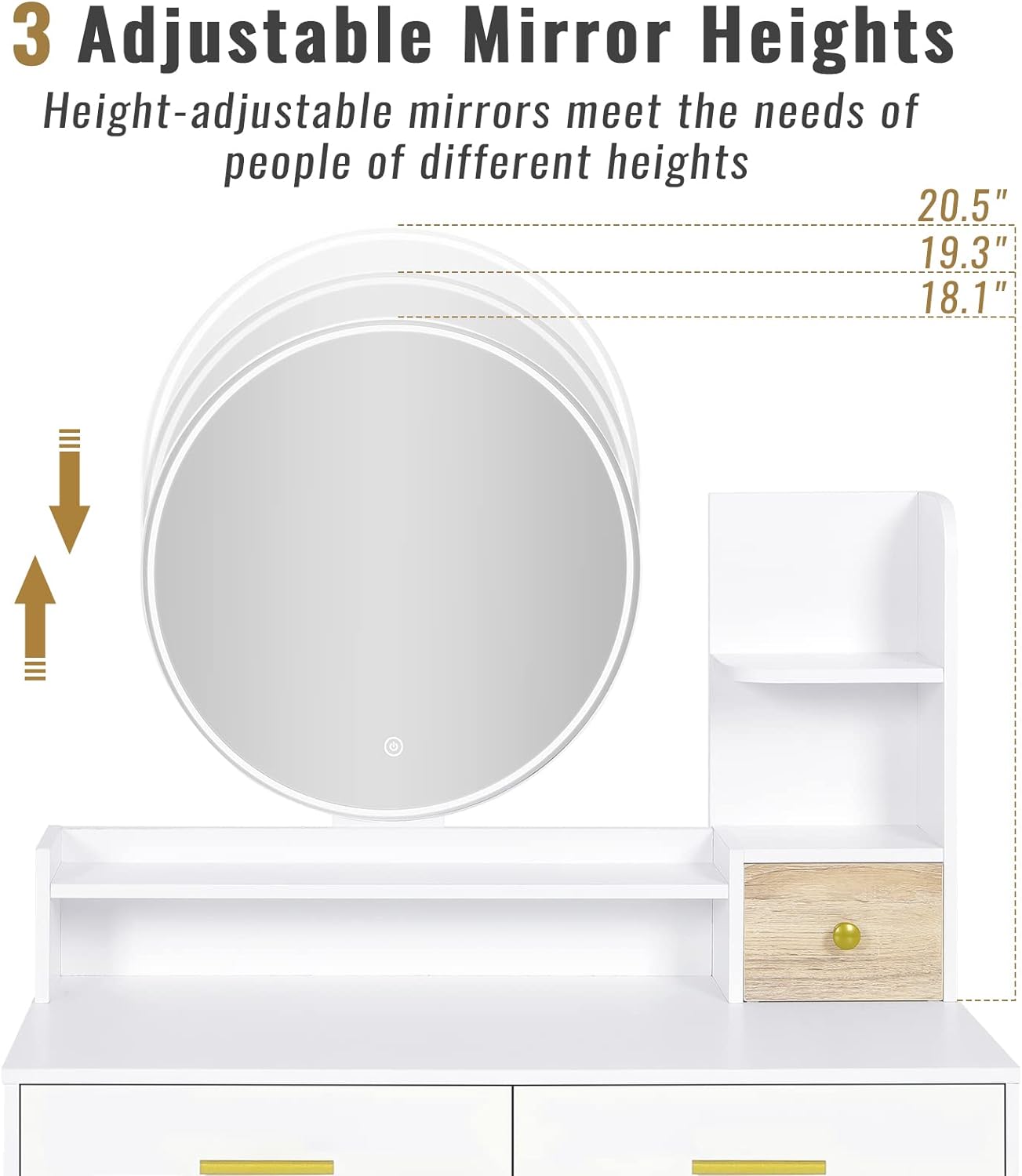 Vanity Mirror with Lights, Makeup Vanity with Touch Screen and Storage Drawers