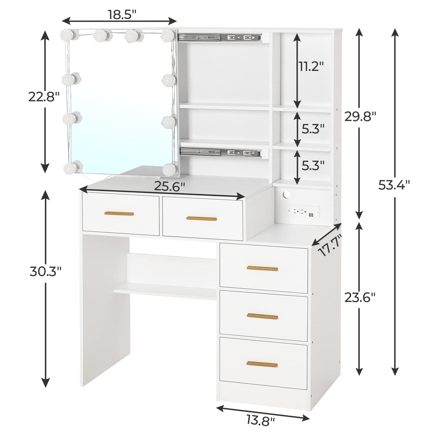 Makeup Vanity with Lights, Vanity Table with Charging Station and Sliding Mirror, 10 LED Light Bulbs, White