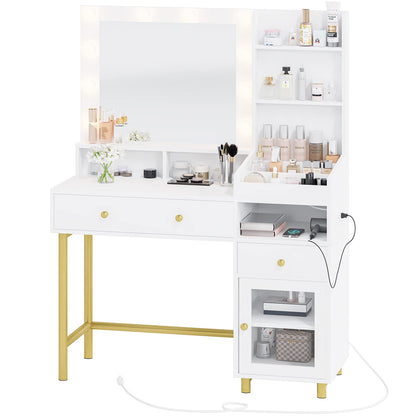 White Vanity Desk with Mirror and Lights in 3 Colors, Vanity Table with Charging Station, Makeup Desk with Storage Cabinet