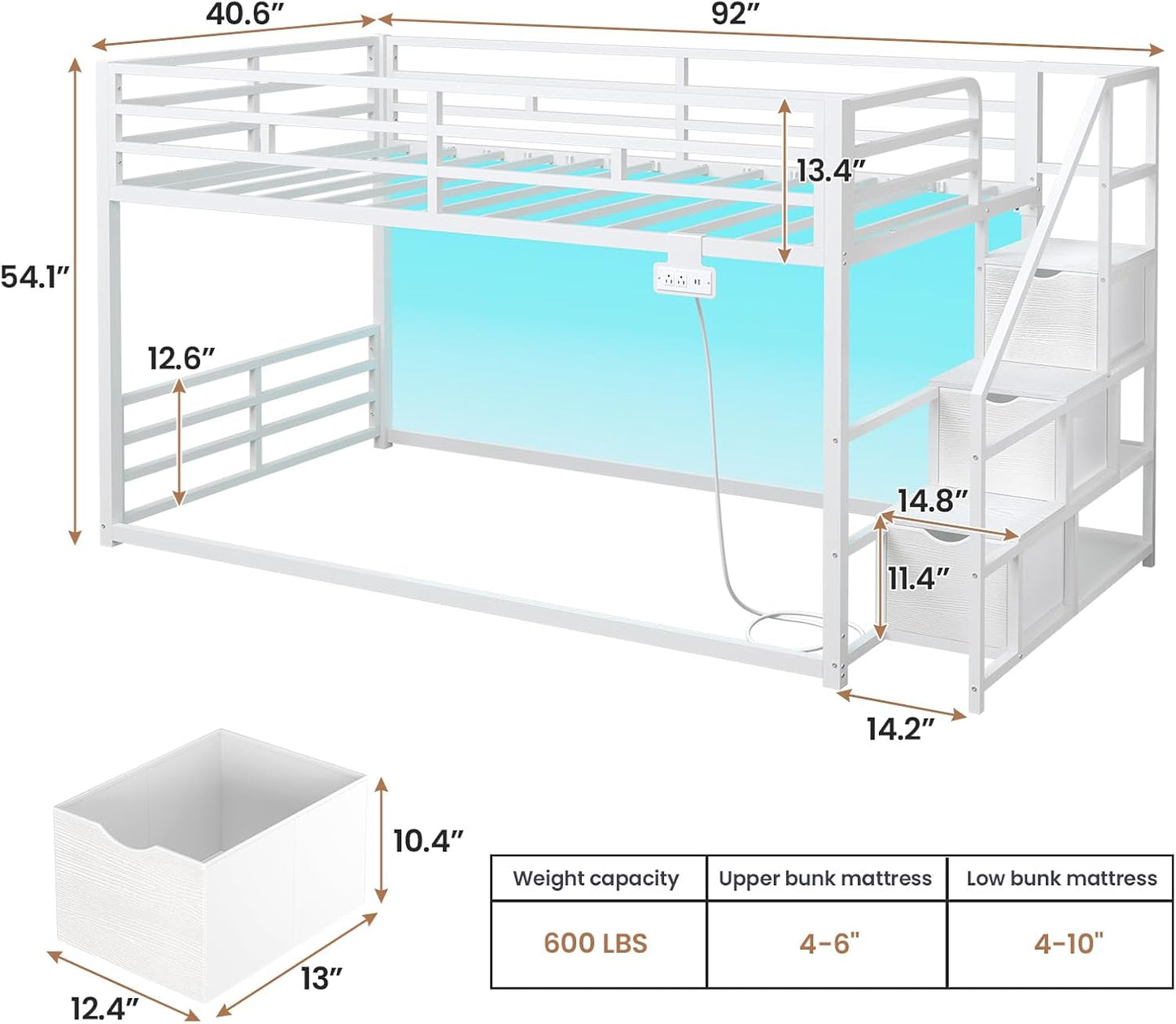 Low Bunk Bed Twin Over Twin with Storage Staircase, Drawers and Shelves, LED Lights Metal Floor Bunk with Power Outlet, White