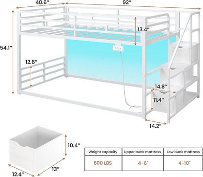 Low Bunk Bed Twin Over Twin with Storage Staircase, Drawers and Shelves, LED Lights Metal Floor Bunk with Power Outlet, White