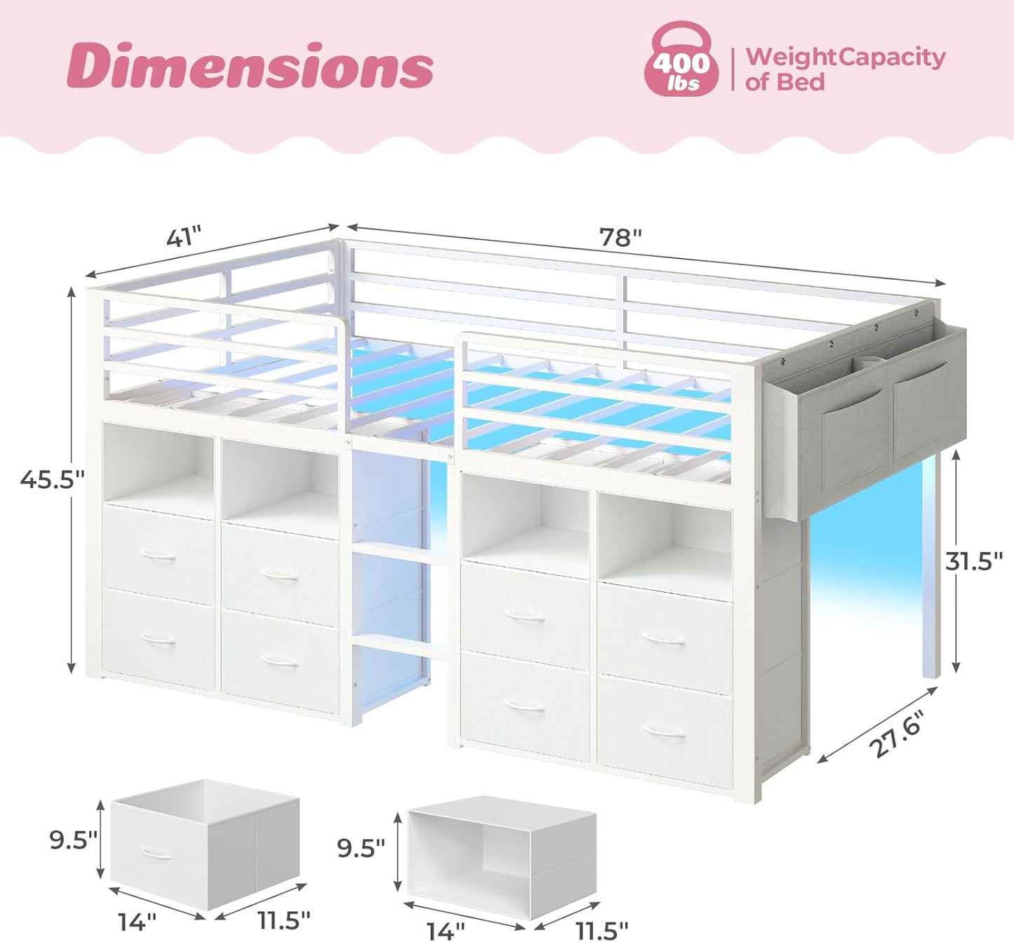 Low Loft Bed Twin Size with 8 Storage Drawers, Twin Loft Bed with Bookcase and LED Lights