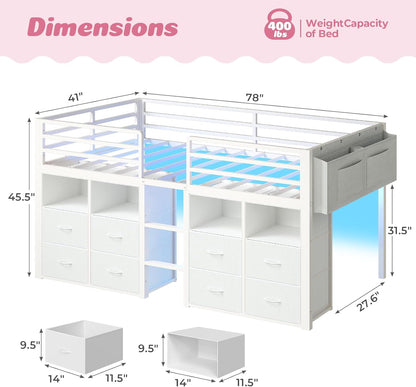 Low Loft Bed Twin Size with 8 Storage Drawers, Twin Loft Bed with Bookcase and LED Lights