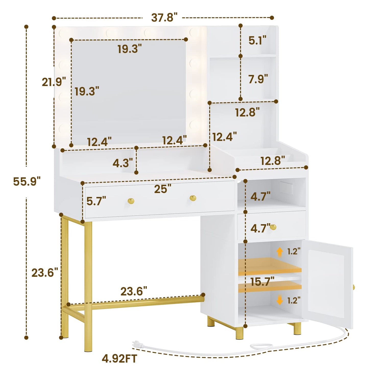 White Vanity Desk with Mirror and Lights in 3 Colors, Vanity Table with Charging Station, Makeup Desk with Storage Cabinet