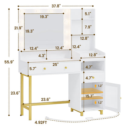 White Vanity Desk with Mirror and Lights in 3 Colors, Vanity Table with Charging Station, Makeup Desk with Storage Cabinet