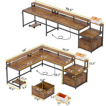 L Shaped Desk with File Drawer and Power Outlet, Monitor Shelf, Printer Storage Shelves, Rustic Brown