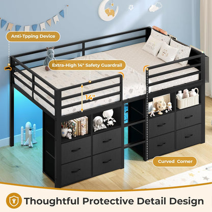 Low Loft Bed Twin Size with 8 Storage Drawers, Twin Loft Bed with Bookcase and LED Lights