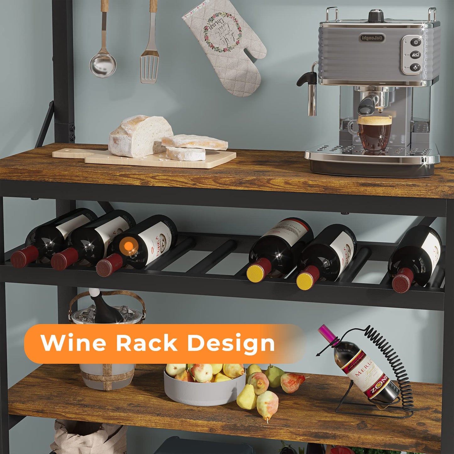 Bakers Rack with Power Outlet, Wine Rack, LED Lights and 10 Hooks, Rustic Brown