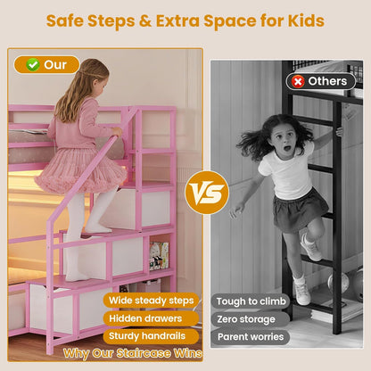 Low Bunk Bed Twin Over Twin with Storage Staircase, Drawers and Shelves, LED Lights Metal Floor Bunk with Power Outlet, White