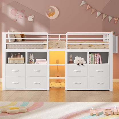 Low Loft Bed Twin Size with 8 Storage Drawers, Twin Loft Bed with Bookcase and LED Lights