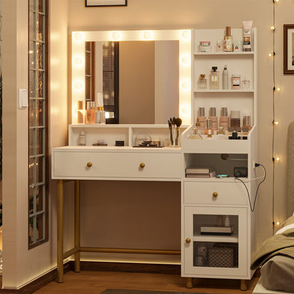 White Vanity Desk with Mirror and Lights in 3 Colors, Vanity Table with Charging Station, Makeup Desk with Storage Cabinet