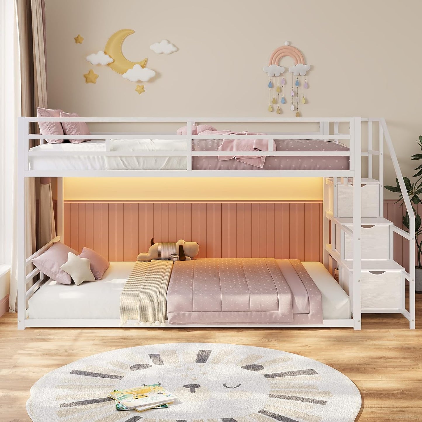 Low Bunk Bed Twin Over Twin with Storage Staircase, Drawers and Shelves, LED Lights Metal Floor Bunk with Power Outlet, White