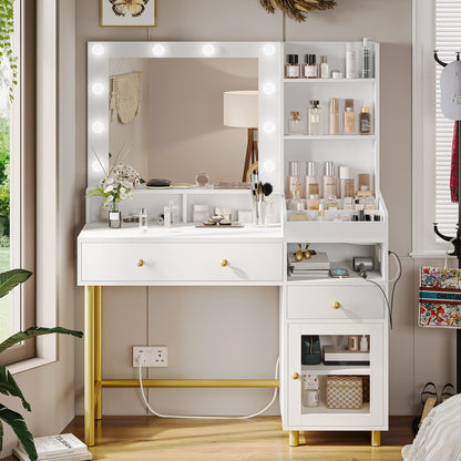 White Vanity Desk with Mirror and Lights in 3 Colors, Vanity Table with Charging Station, Makeup Desk with Storage Cabinet