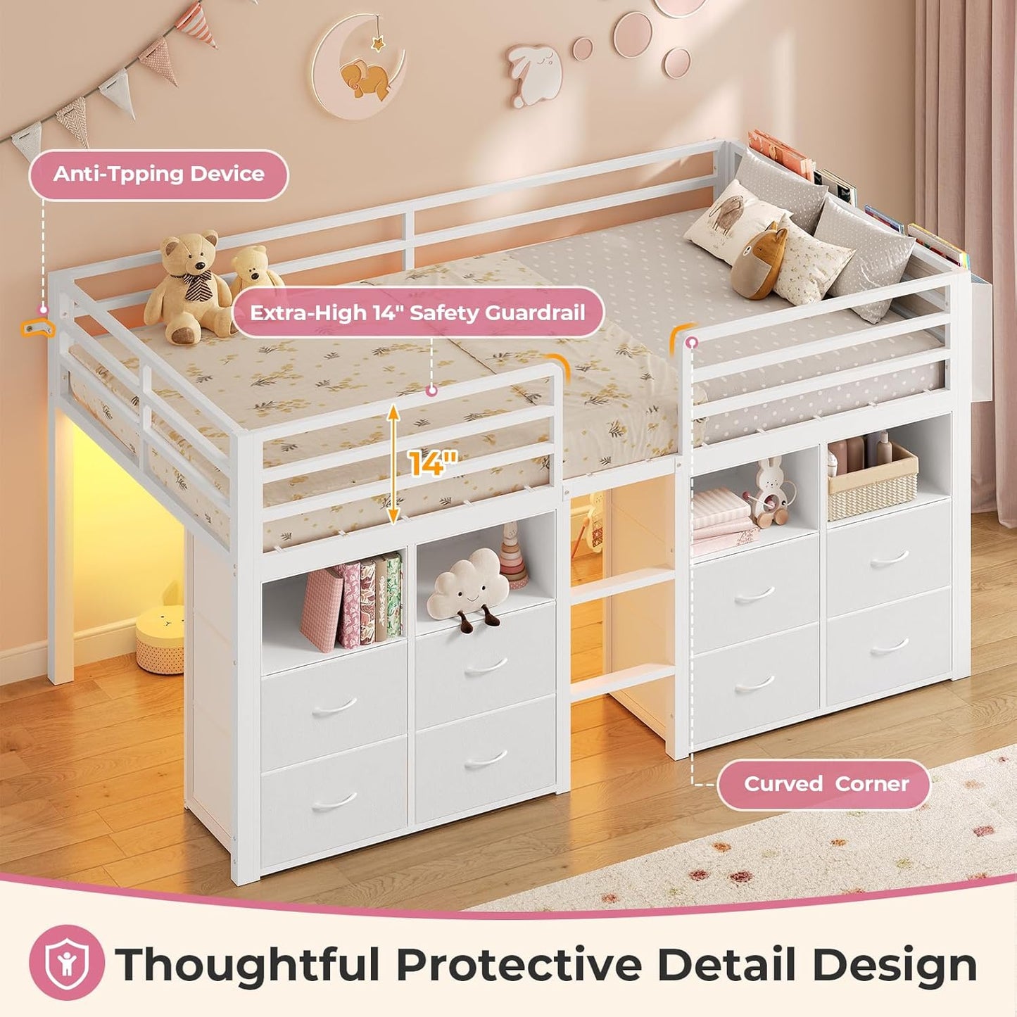 Low Loft Bed Twin Size with 8 Storage Drawers, Twin Loft Bed with Bookcase and LED Lights