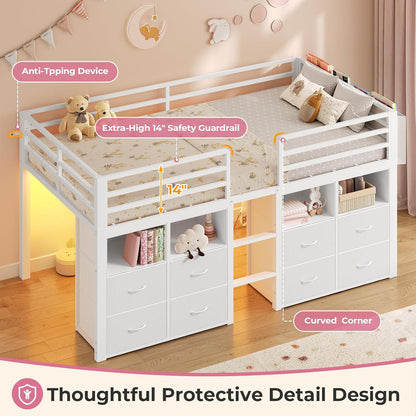 Low Loft Bed Twin Size with 8 Storage Drawers, Twin Loft Bed with Bookcase and LED Lights