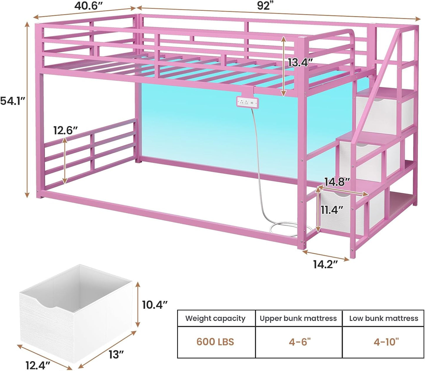 Low Bunk Bed Twin Over Twin with Storage Staircase, Drawers and Shelves, LED Lights Metal Floor Bunk with Power Outlet, White
