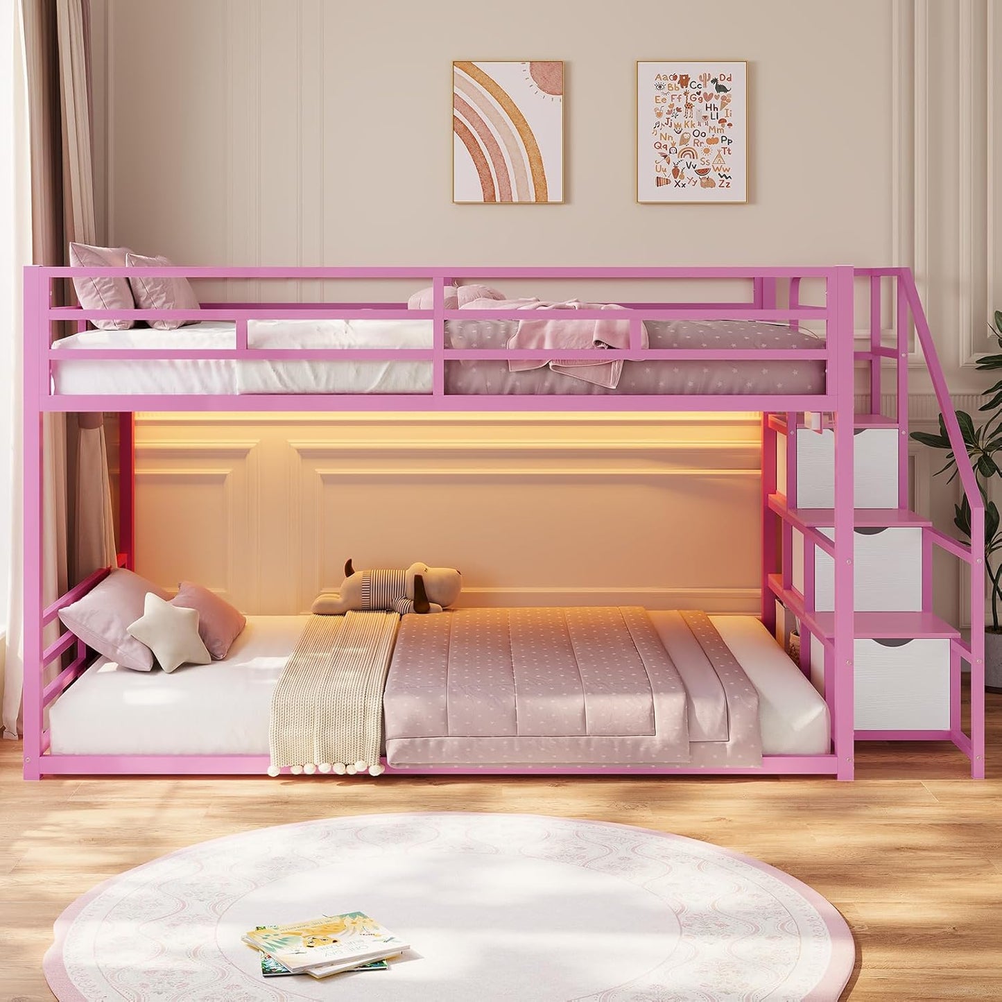 Low Bunk Bed Twin Over Twin with Storage Staircase, Drawers and Shelves, LED Lights Metal Floor Bunk with Power Outlet, White