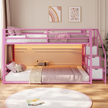 Low Bunk Bed Twin Over Twin with Storage Staircase, Drawers and Shelves, LED Lights Metal Floor Bunk with Power Outlet, White
