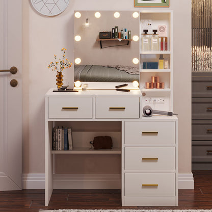 Makeup Vanity with Lights, Vanity Table with Charging Station and Sliding Mirror, 10 LED Light Bulbs, White