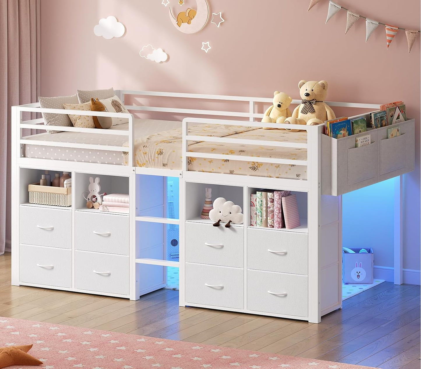 Low Loft Bed Twin Size with 8 Storage Drawers, Twin Loft Bed with Bookcase and LED Lights