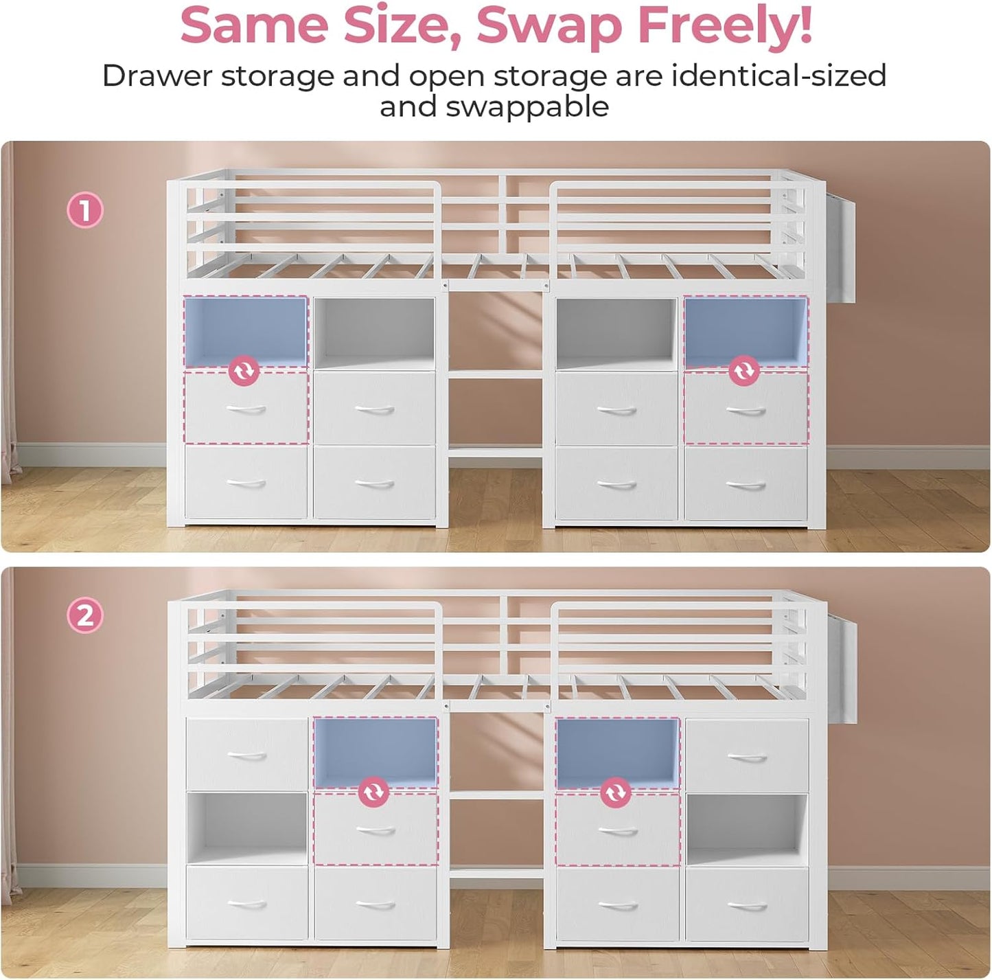 Low Loft Bed Twin Size with 8 Storage Drawers, Twin Loft Bed with Bookcase and LED Lights