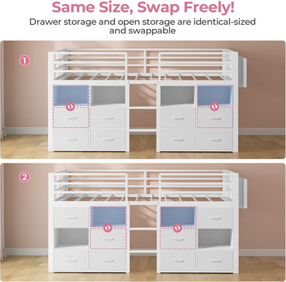 Low Loft Bed Twin Size with 8 Storage Drawers, Twin Loft Bed with Bookcase and LED Lights