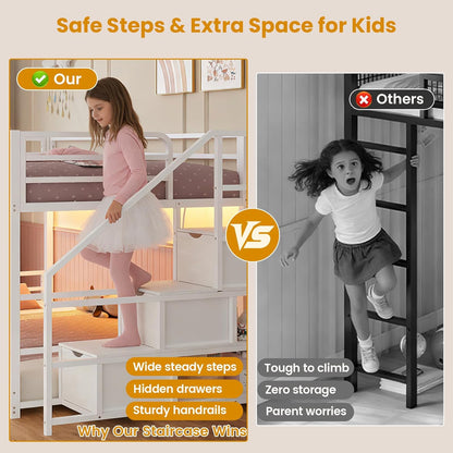 Low Bunk Bed Twin Over Twin with Storage Staircase, Drawers and Shelves, LED Lights Metal Floor Bunk with Power Outlet, White