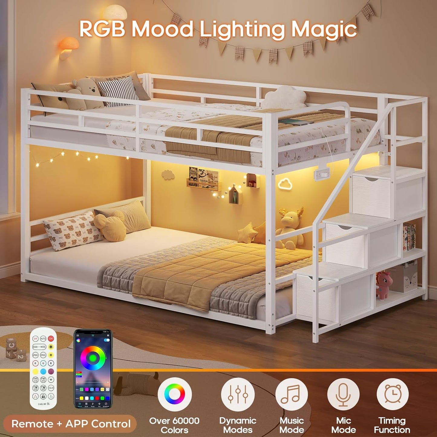Low Bunk Bed Twin Over Twin with Storage Staircase, Drawers and Shelves, LED Lights Metal Floor Bunk with Power Outlet, White