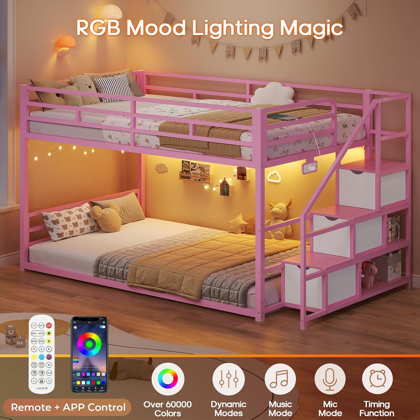 Low Bunk Bed Twin Over Twin with Storage Staircase, Drawers and Shelves, LED Lights Metal Floor Bunk with Power Outlet, White