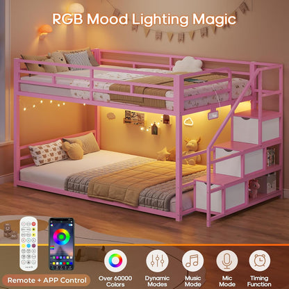 Low Bunk Bed Twin Over Twin with Storage Staircase, Drawers and Shelves, LED Lights Metal Floor Bunk with Power Outlet, White