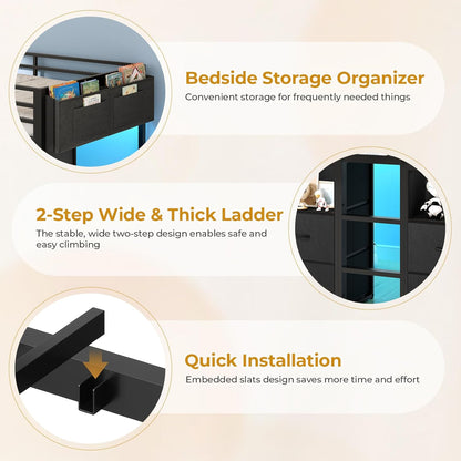 Low Loft Bed Twin Size with 8 Storage Drawers, Twin Loft Bed with Bookcase and LED Lights