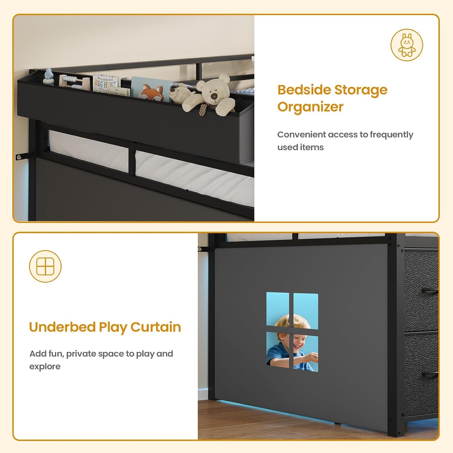 Low Loft Bed Twin Size with 7 Storage Drawers, Bookcase and LED Lights, Metal Kids Loft Bed with 14" H Safety Guardrail
