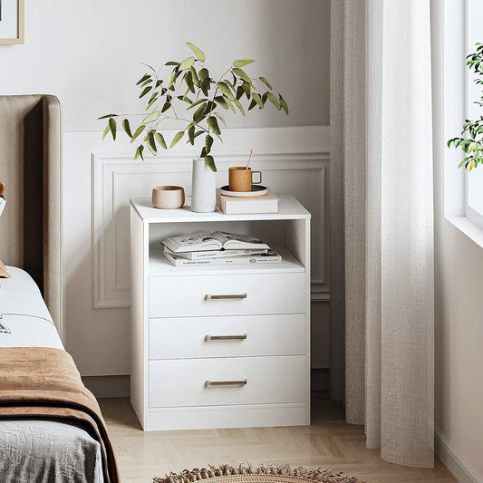 Nightstand 3 Drawers with Open Storage,Bedside Tables for Bedroom with Charging Station, White