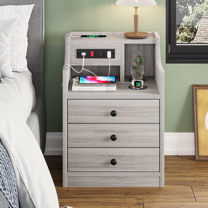 Nightstand with Charging Station 3 Drawer and Hutch, Black