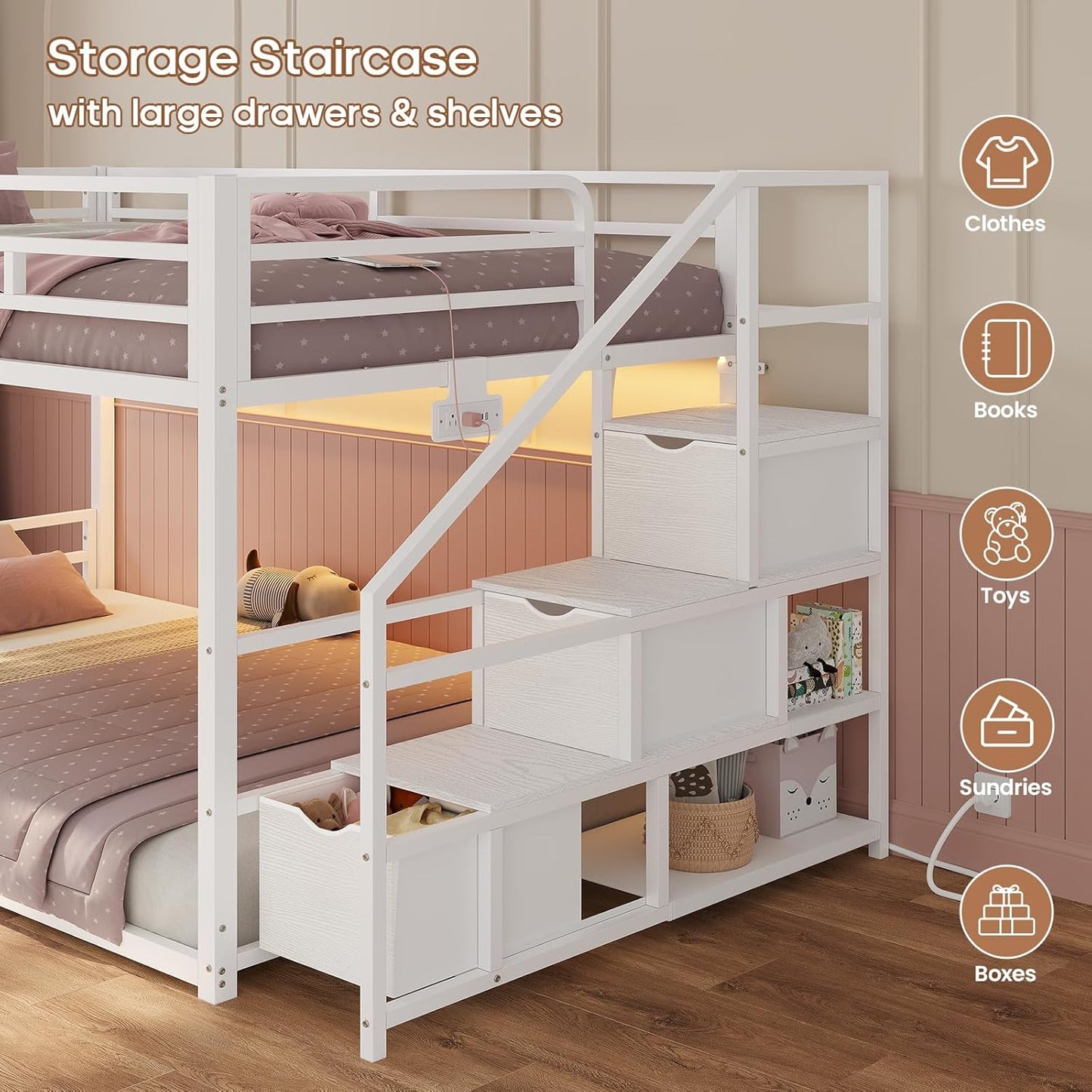 Low Bunk Bed Twin Over Twin with Storage Staircase, Drawers and Shelves, LED Lights Metal Floor Bunk with Power Outlet, White